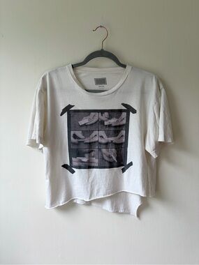 Women's Cropped Graphic Tee with Tape Frame Detail - White